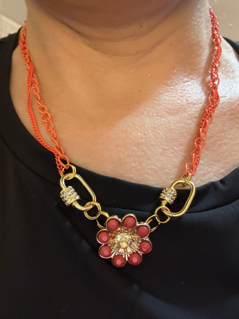 Hand-Crafted Gold-Tone Floral Pendant Necklace with Coral Chain And Carabiners